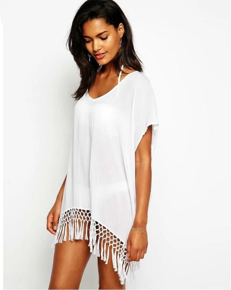 Летнее сексуальное пляжное платье с бахромой парео пляжная одежда туника белый