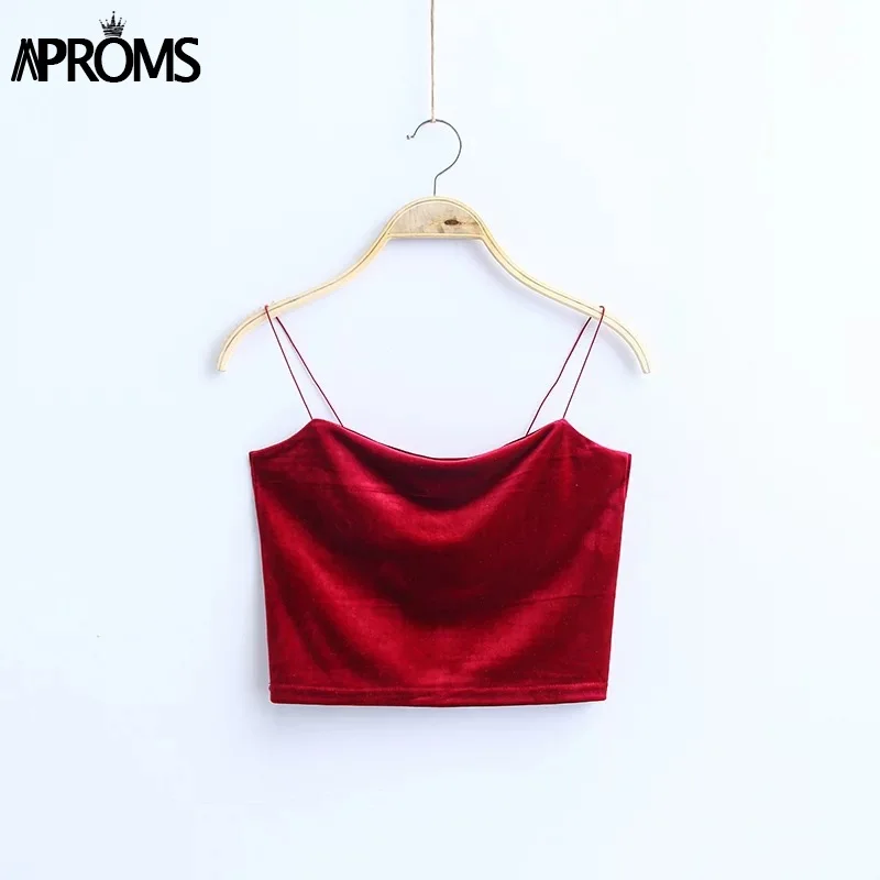 Aproms 90 s бархатное укороченные Топики женские модные женские туфли уличная пикантные эластичные Бретели для нижнего белья Crop Tank топ с коротким бюстье Футболки для девочек - Цвет: Wine Red