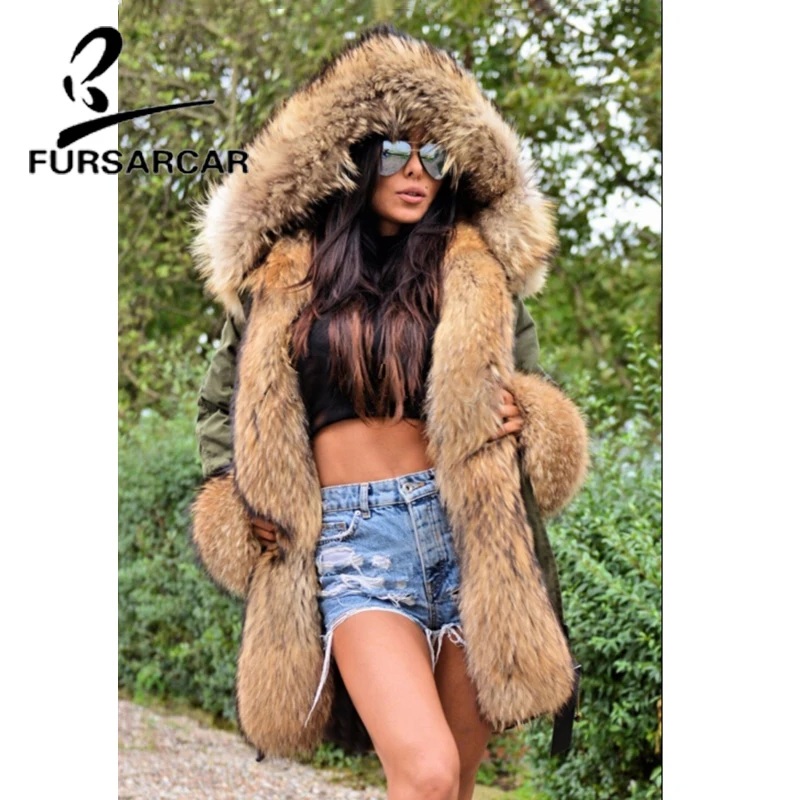 FURSARCAR Hot New Fashion Women Real Fur Coat With Raccoon Fur Collar And Cuff Winter High Quality Thick Warm Fur Parka