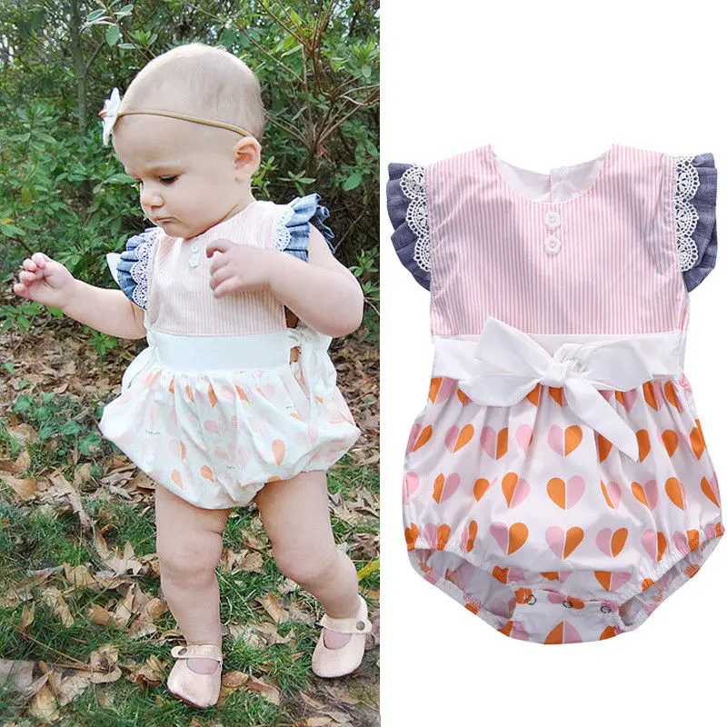 2017 милое Кружевное боди в полоску для новорожденных девочек комбинезон с принтом