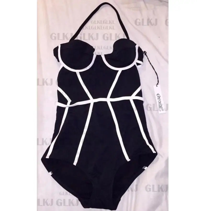 Женский слитный купальник без бретелек с подкладкой монокини черный и белый