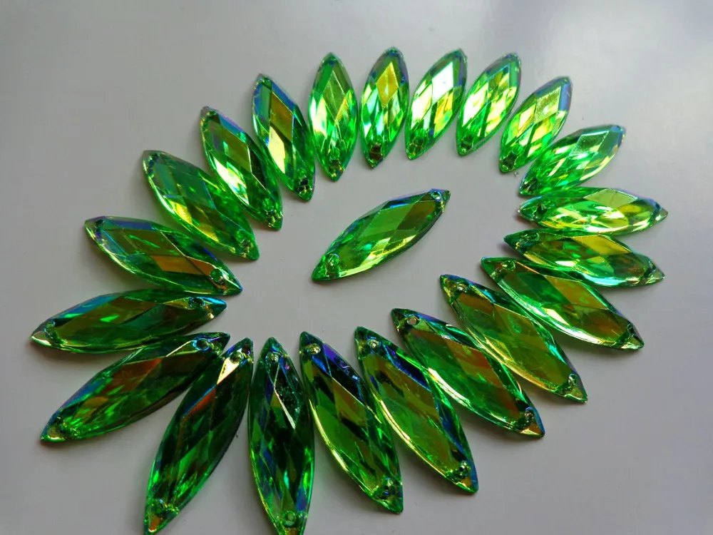 100 штук свободных драгоценных камней светло-зеленого цвета в форме гребня с плоской задней частью для пришивания 8*26 мм, аксессуары из кристалла для ручного шитья.