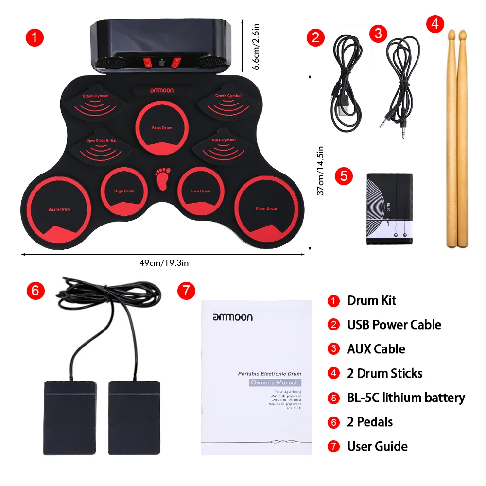 

ammoon Electronic Drum Set Digital Roll-Up MIDI Drum Kit 9 Silicon Durm Pads Built-in Stereo Speakers Battery with 2 Foot Pedals