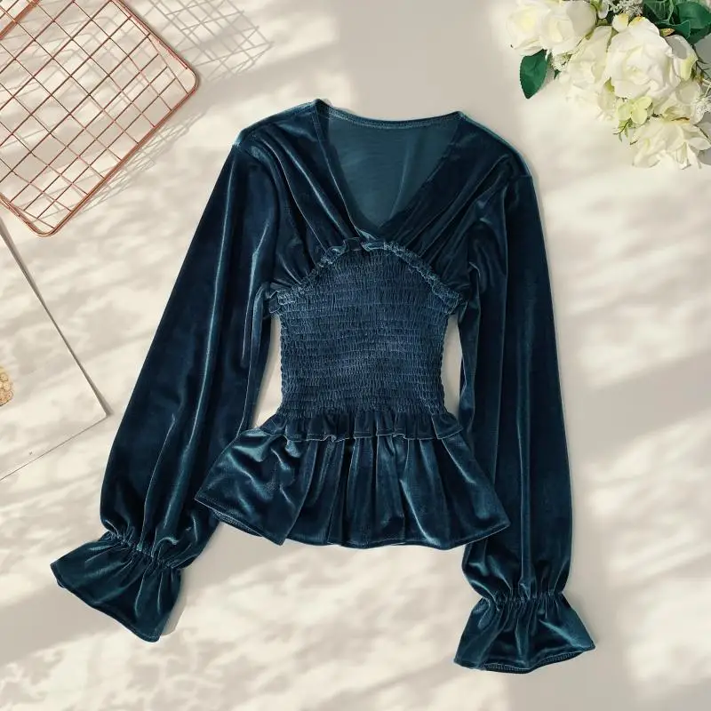 2019 new fashion women's blouse shirt elegant solid color velvet V-neck elastic pleated waist versatile blusa top |