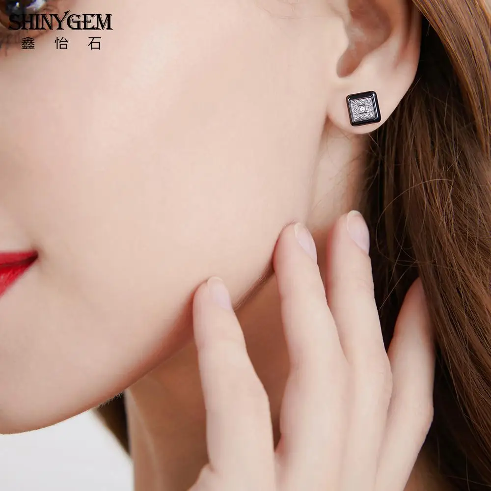 ShinyGem черные белые серьги-гвоздики из керамики круглые/квадратные серьги из нержавеющей стали AAA Белые циркониевые корейские серьги для женщин