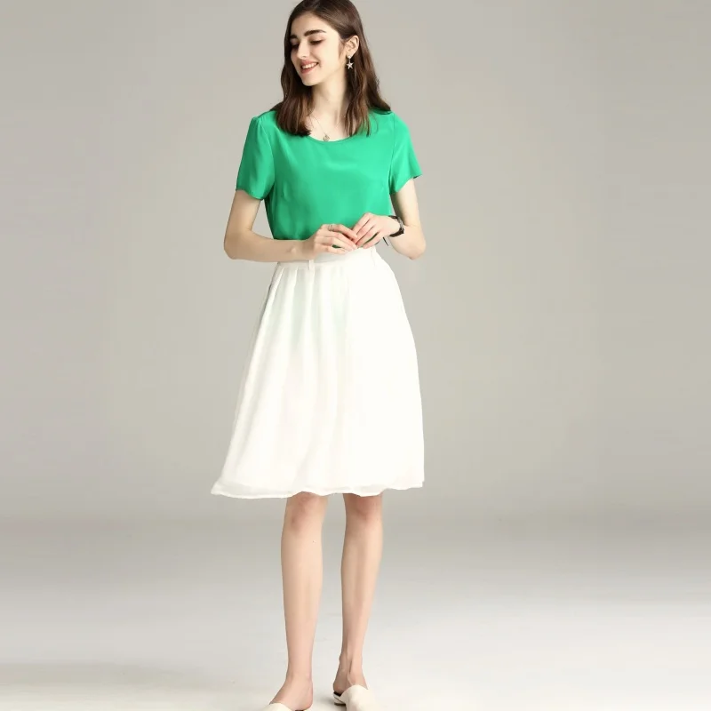 Женская шелковая рубашка 100% натуральная Нижняя Футболка однотонная с круглым