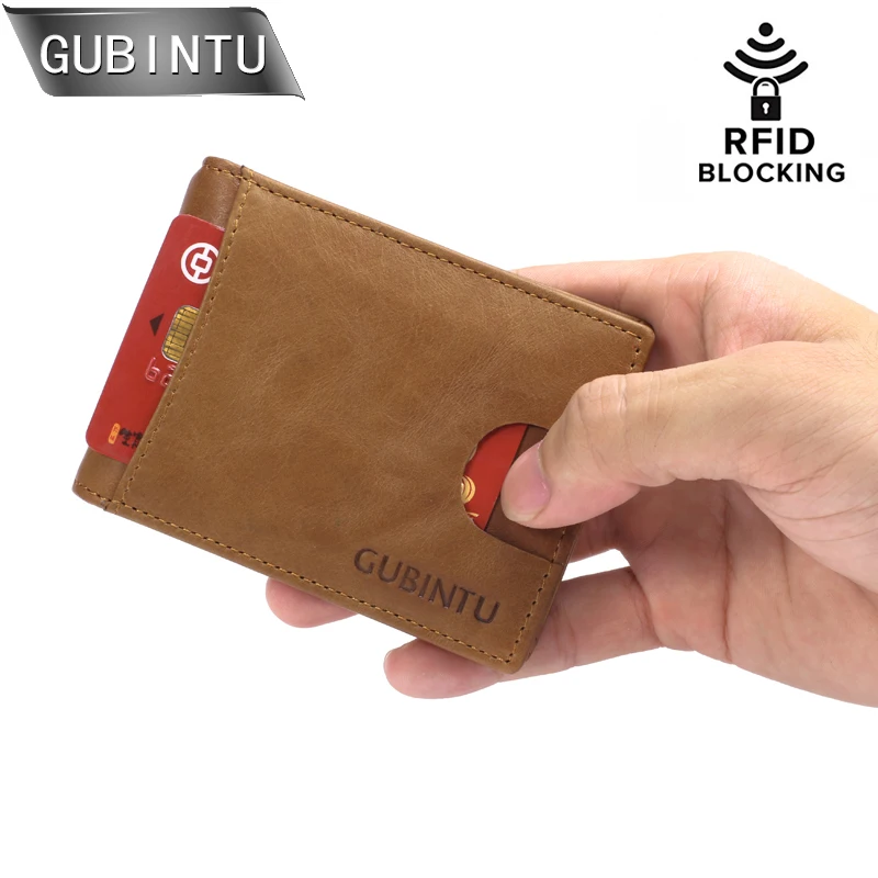

GUBINRU мужские кошельки двойного сложения с блокировкой RFID, тонкие минималистичные кошельки из натуральной кожи с передним карманом для мужч...