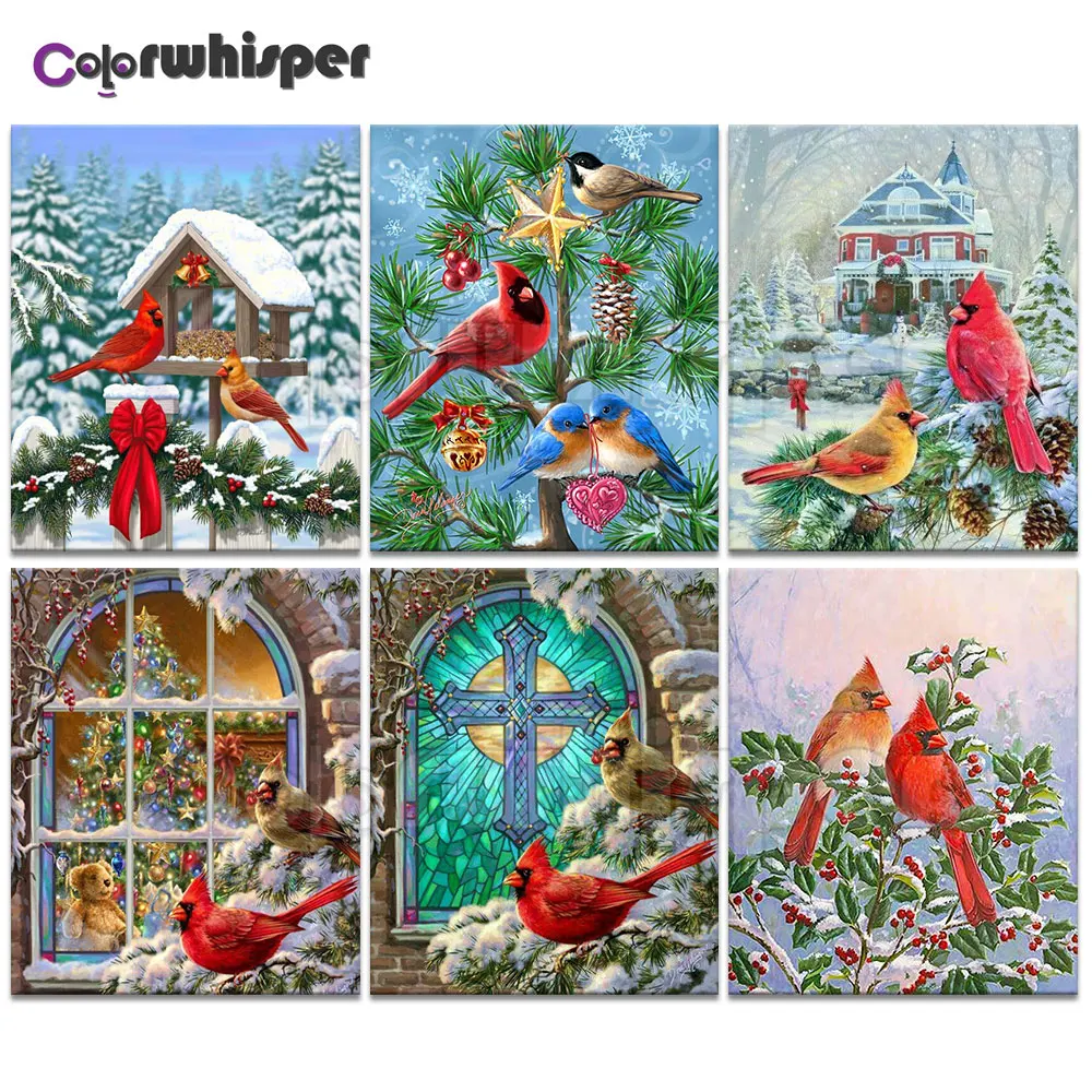 Алмазная живопись полноразмерная/круглая разноцветная красная синяя птица снег