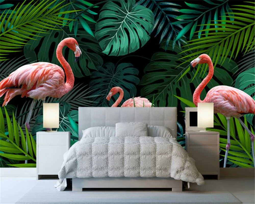 beibehang papel de parede Custom Wallpaper Wall Stickers Hand green drawn tropical rain forest flamingo Mural 3d wallpaper | Обустройство