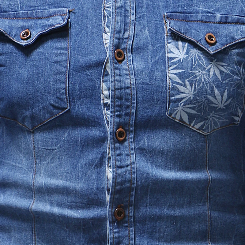 

Men Shirt Short Sleeve Denim Shirt 2019 Brand Fashion Maple Leaves Print Casual Men Clothes European American Plus Size Blue