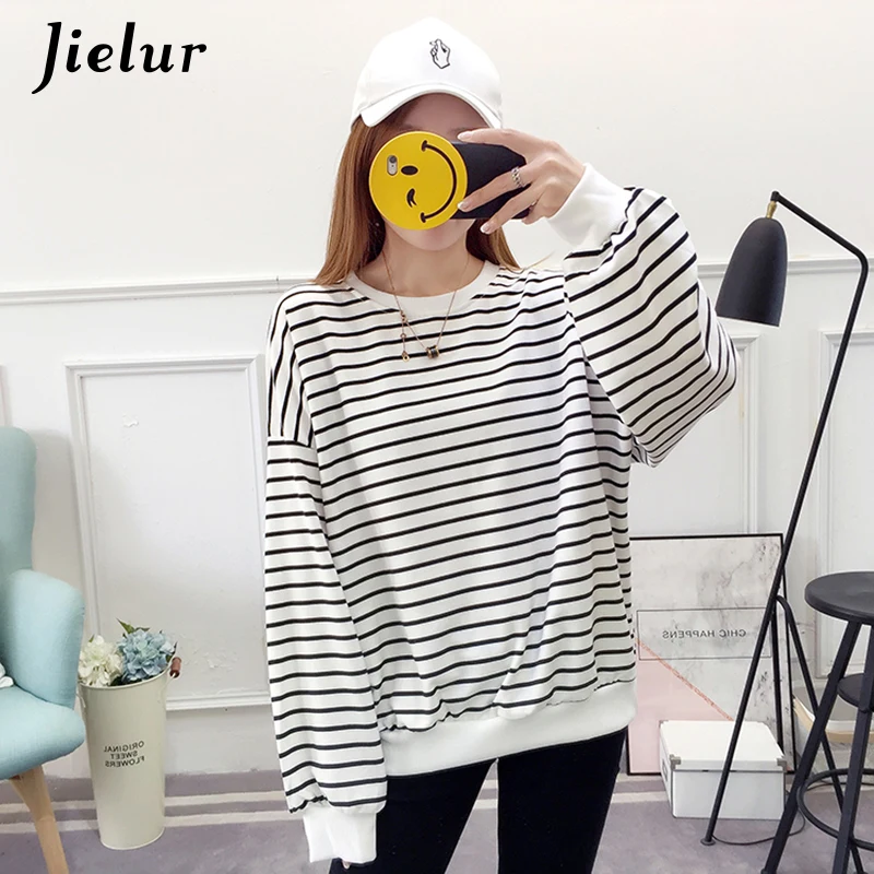 Jielur, корейский стиль, Повседневный, Круглый ворот, женские толстовки, осень, длинный рукав, Женский Топ, полосатый, свободный, тонкий, теплый, Mujer, толстовка, кофты, M-XL