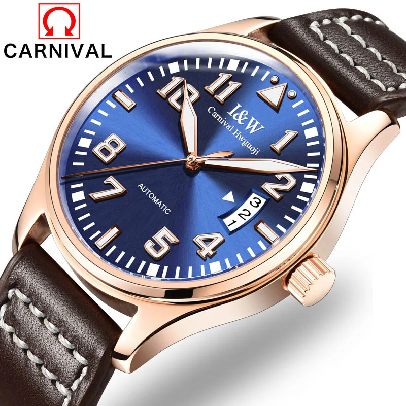 

Carnival Famous Brand Watches Rose Gold Case Blue Surface Leather Strap Men Automatic Luminous Wrist watch relogio masculino