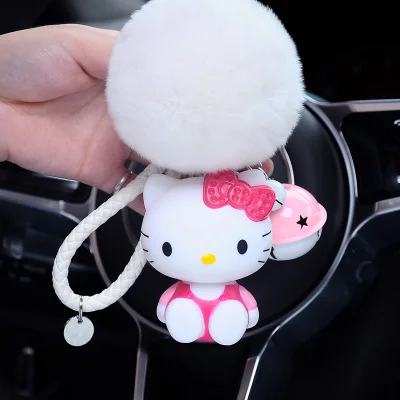 Милый мультяшный брелок hello kitty из кроличьего меха с помпонами, помпонами, брелок для женщин с кожаным ремешком, металлическое кольцо для ключей, цепочка для автомобильных сумок, брелок D35B