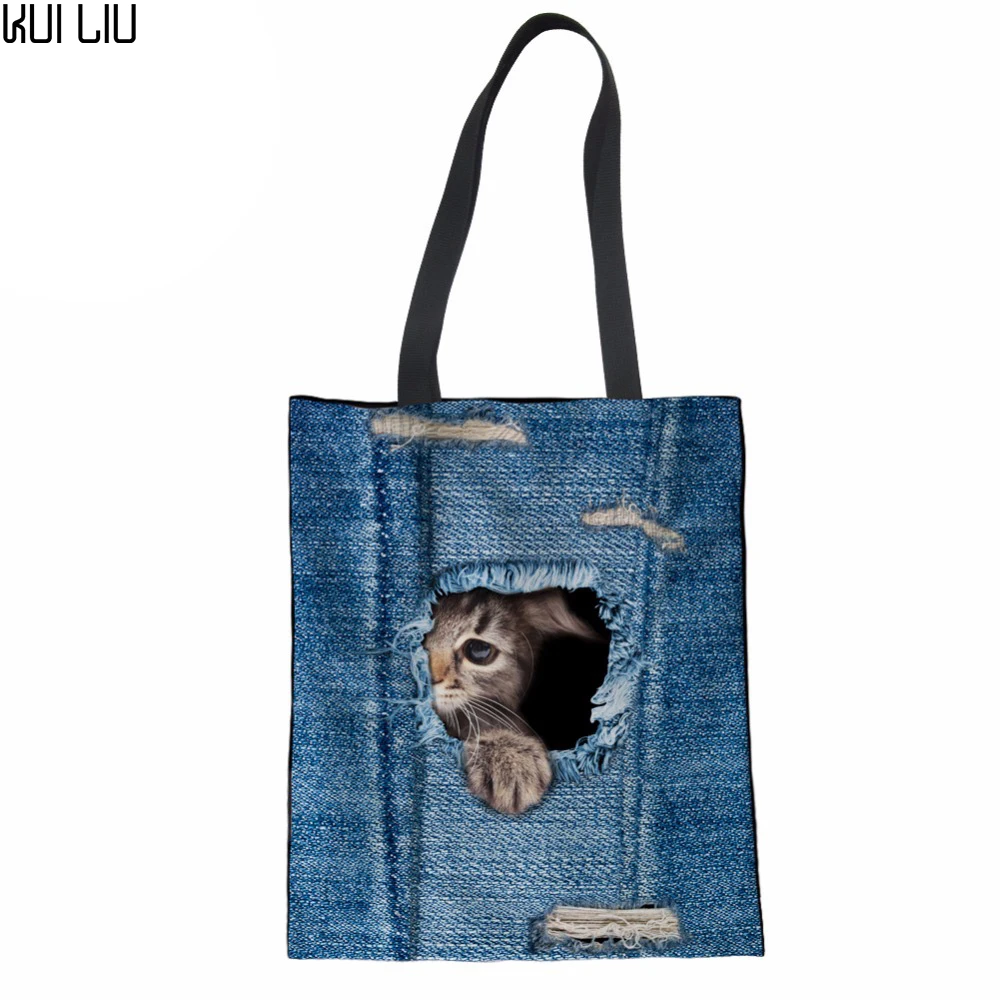 

Women Shopping Bag 3D Cat Printing Denim Jeans Beach Bag Student Shoulder Bag Girls Daily Use Handbag Large Capacity Tote