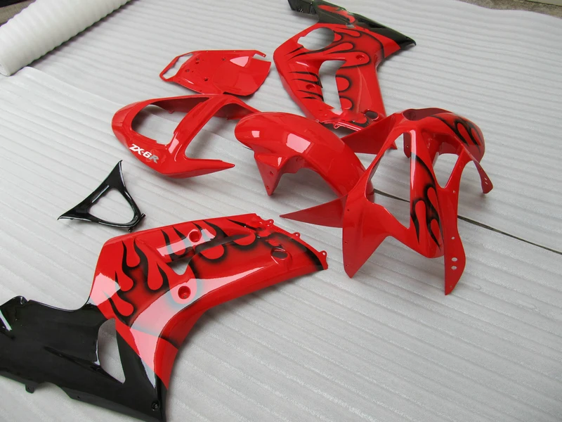 Injection mold top selling fairing kit for Kawasaki Ninja ZX6R 03 04 black flames red fairings set 2003 2004 OT11 | Автомобили и