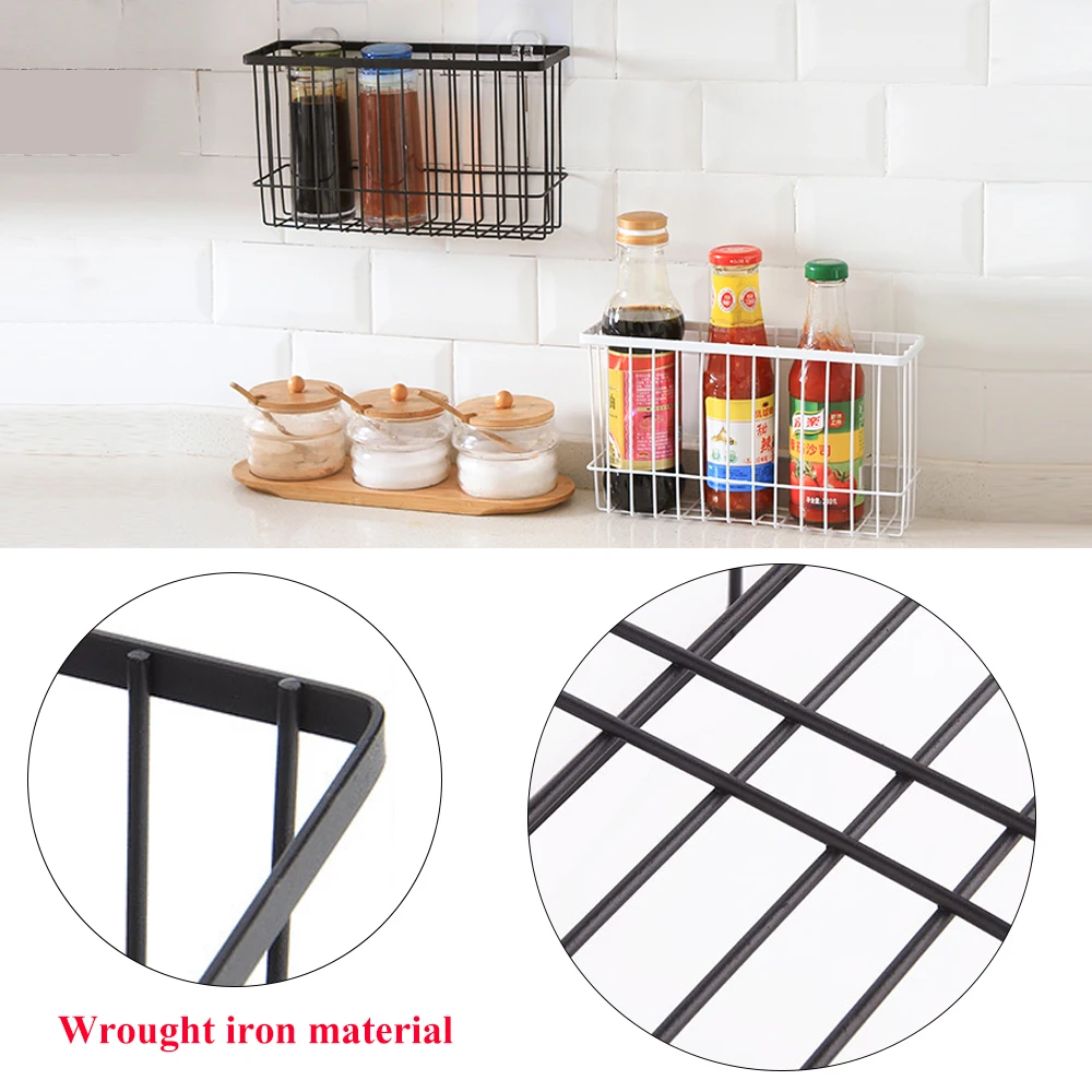 1PCs Kitchen Wall Mounted Iron Storage Basket Desktop Bathroom Sundries Hanging With Seamless Film | Дом и сад