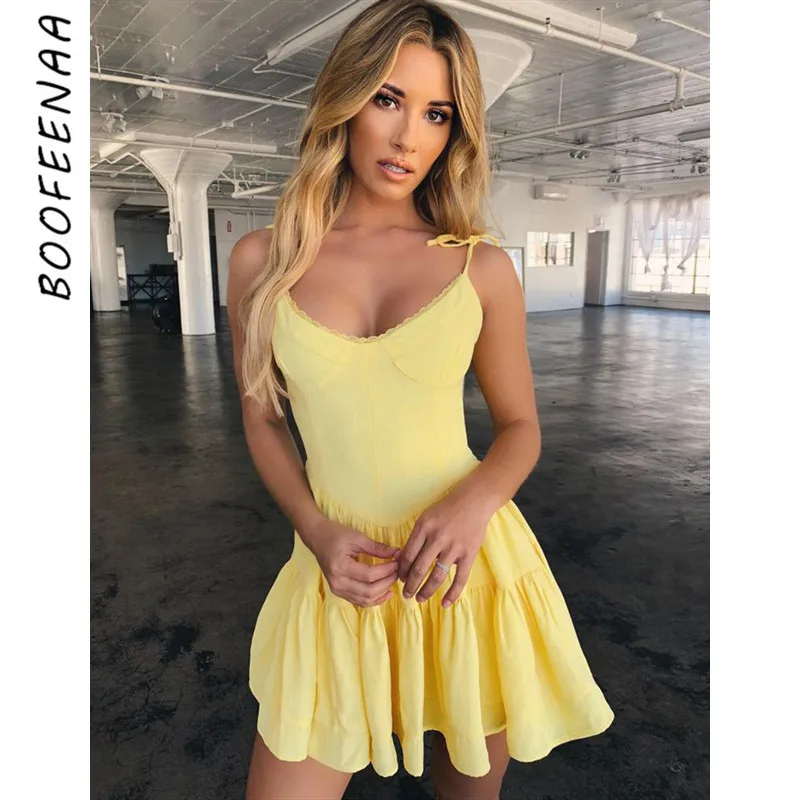 BOOFEENAA сексуальное летнее платье 2019 желтого цвета на бретельках белого с