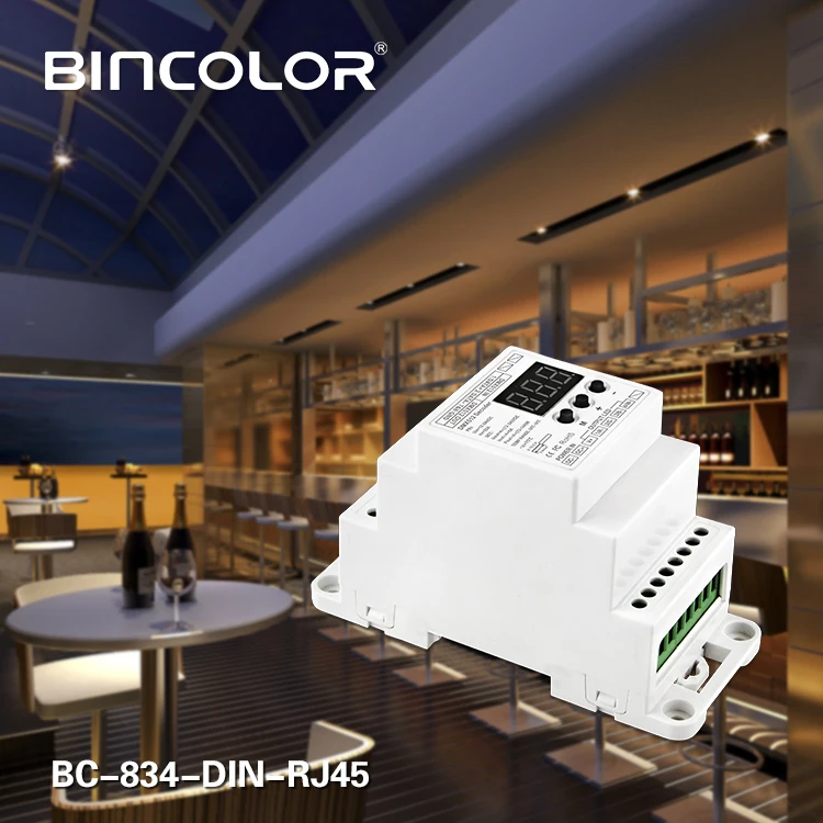 

BC-834-New DIN-RJ45 DIN Rail DC12 24V 6A*4CH output,4CH Constant voltage DMX512/1990 Decoder controller for led strip lamp