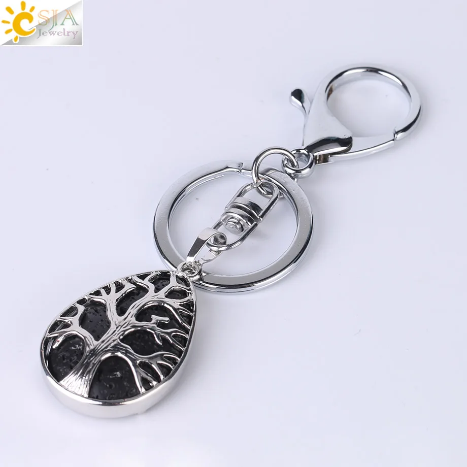 Black Lava Stone CSJA модные капли воды брелки для ключей брелок для ключей рейки натуральный драгоценный камень Дерево жизни кулон для автомобиля мотоцикл сумка F400 - Цвет: Black Lava Stone