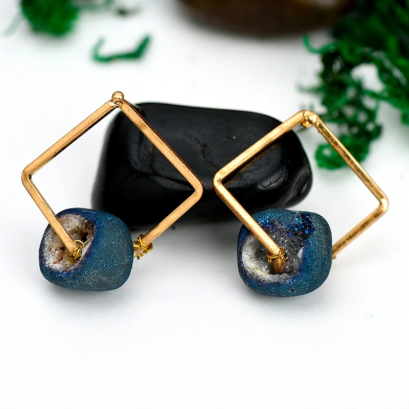 WILD &amp FREE Women Blue Natural Stone Stud Earrings Vintage Gold Square Alloy Hollow Out Jewelry Gift | Украшения и аксессуары