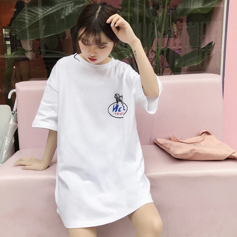 Women Yellow White Print Letter Round Neck Short Sleeve Long Length Basic Femme T Shirts 2019 Ladies Top Cheap Product | Женская одежда
