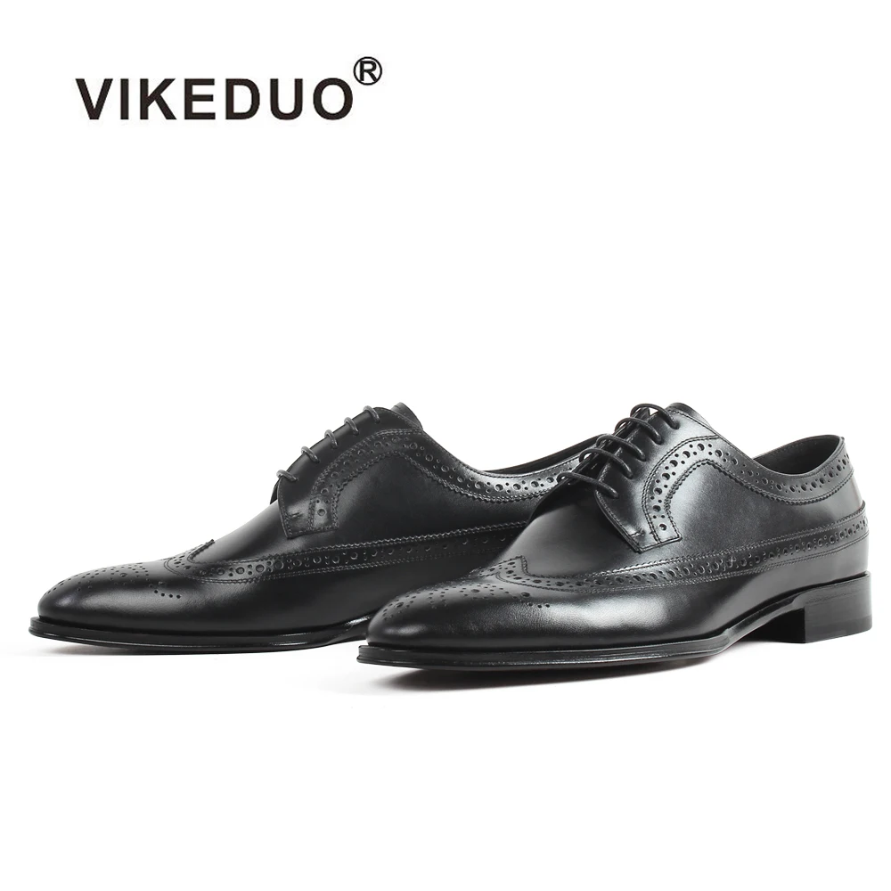 

VIKEDUO Fashion Blake Men Shoes Handmade Brogue Calf Leather Footwear Plus Size Wedding Office Derby Shoe Black Zapato de Hombre