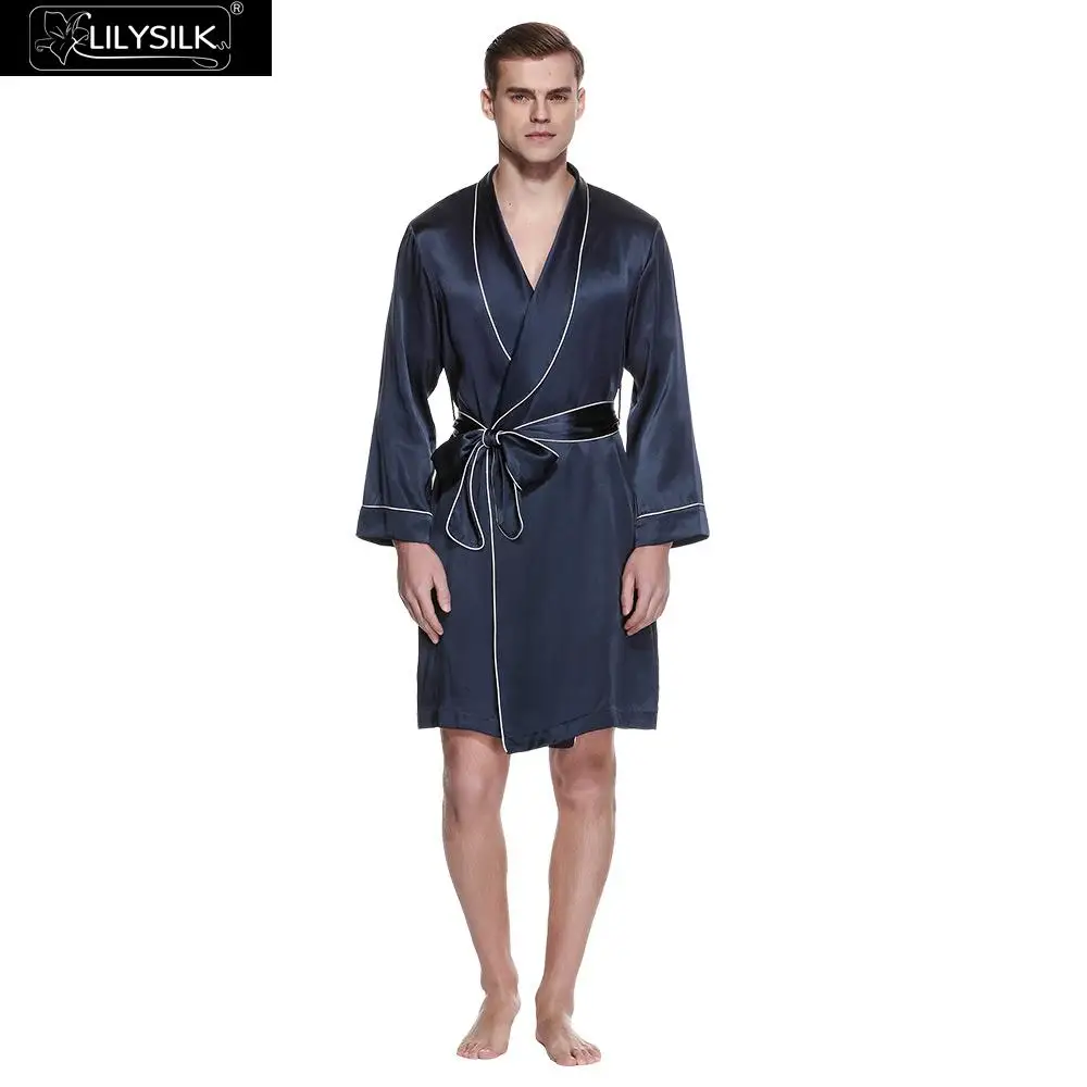Navy Blue LilySilk халат пижамы для мужчин из чистого шелка Роскошный натуральный великолепный с контрастной окантовкой 22 momme мужская одежда - Цвет: Navy Blue