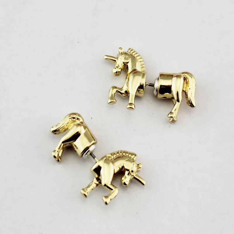 Мода золотые украшения Единорог животных пони три ди Для мужчин мерных серьги