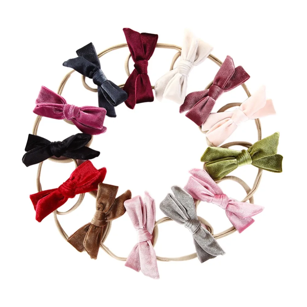 13pcs/lot Velvet Ribbon Bow Baby Headband Nylon Knotted Bows Hair Band for Infants Photography Props 13 Colors JFNY078 | Детская одежда