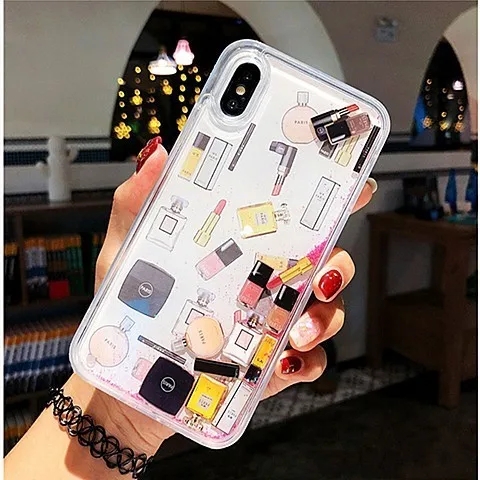 2 Косметический чехол с сияющими блестками чехол для iPhone 7 XS Max XR X 6 8 Plus жесткая динамическая жидкая косметика Помада флакон для парфюма чехол для телефона - Цвет: 2