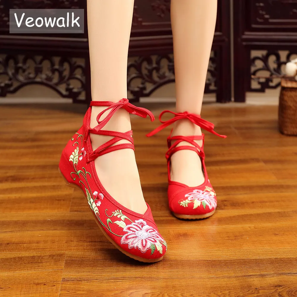 Veowalk/женские удобные хлопковые балетки на плоской подошве с ремешком на щиколотке; винтажные китайские парусиновые балетки с вышивкой для женщин