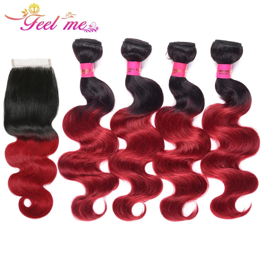 Feel Me Body Wave Brazilian Hair Weave 4 Bundles With Closure Ombre Human Lace 1b/burgundy Non remy | Шиньоны и парики