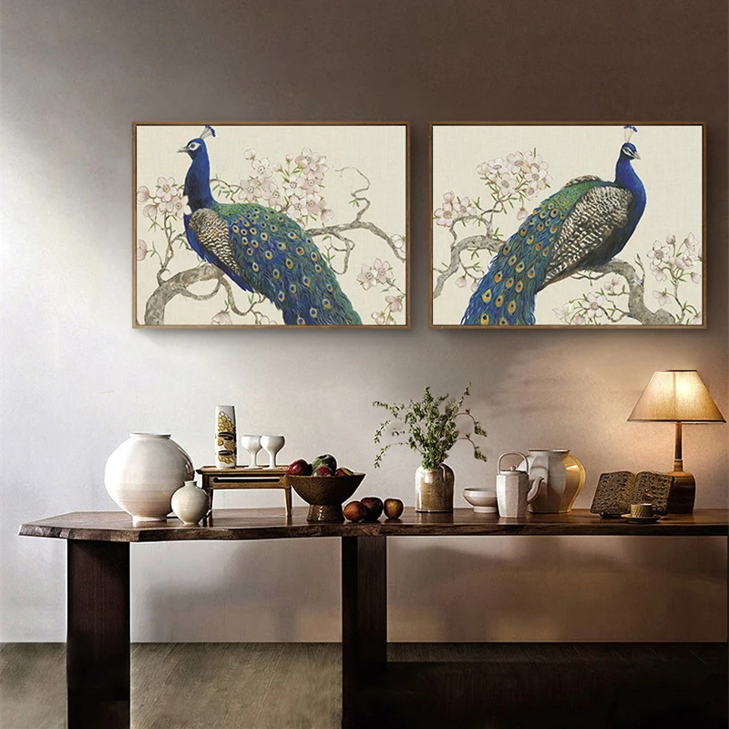 

HAOCHU Peacock Animal Peach Blossom Print Art Canvas Painting Retro Oil Poster for Living Room Sofa Background Decoration