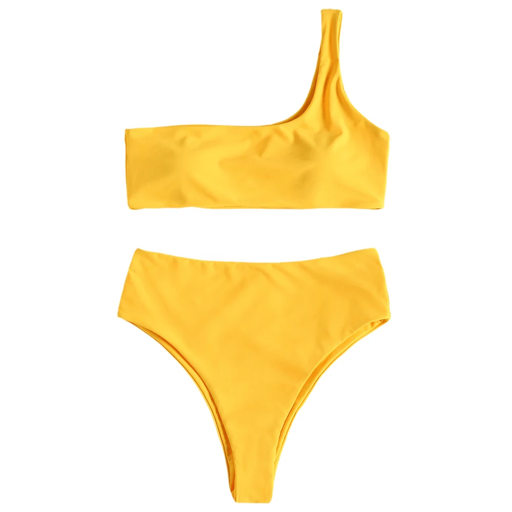 Yellow ZAFUL, бикини на одно плечо, мягкий женский купальник, бикини с высокой посадкой, купальник, сексуальный, с высокой талией, Одноцветный, бикини, купальник, пляжная одежда - Цвет: Yellow