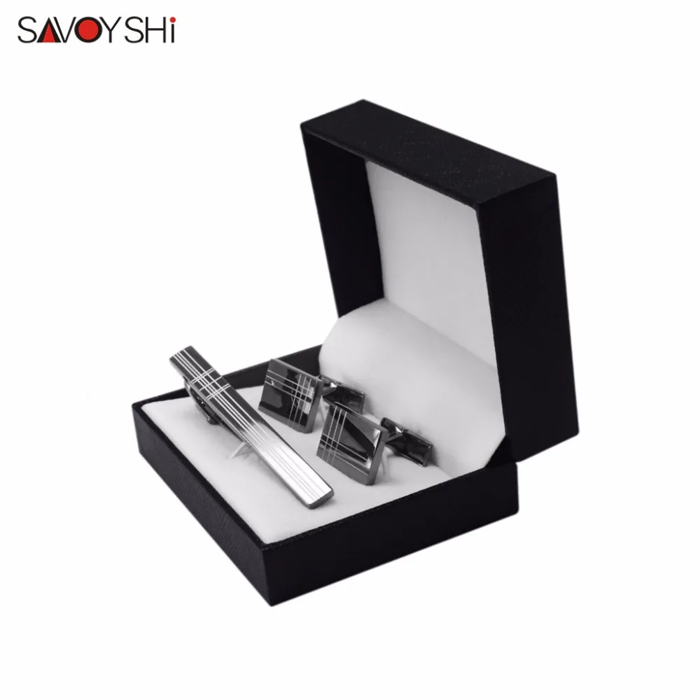 Cufflinks with Box SAVOYSHI классические квадратные черные лазерные полосы бизнес мужские запонки зажимы для галстука набор высокого качества галстук Булавки Зажимы для галстука зажим застежка - Окраска металла: Cufflinks with Box