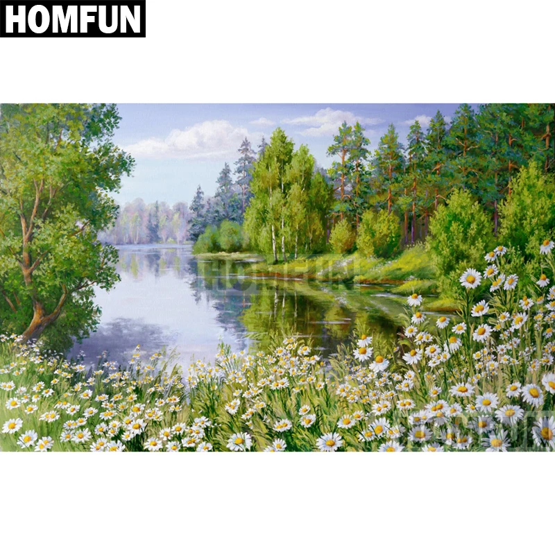 

Алмазная живопись HOMFUN A02124, полноразмерная/круглая вышивка «лес и озеро», 5D, для творчества, домашний декор