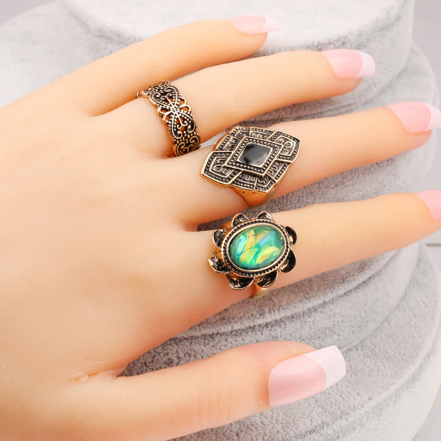 Роскошные 3 шт./компл. винтажные цветные яркие кольца для женщин древние золотые