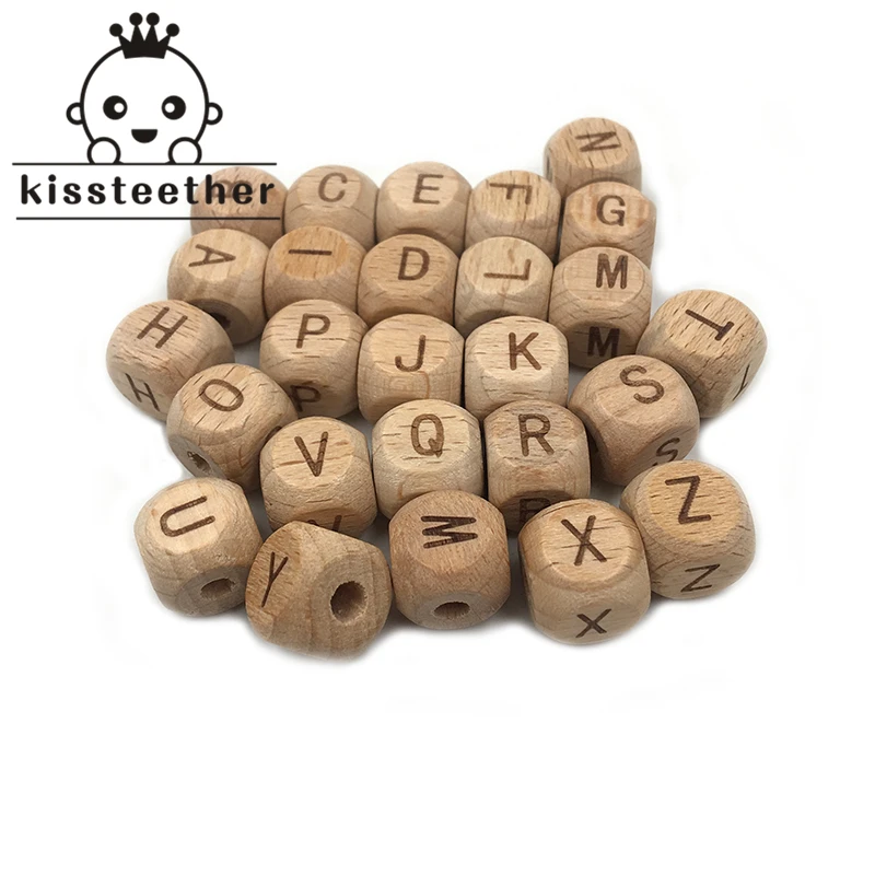 Accesorios de madera para dentici&oacute;n, cuentas de letras de madera de haya cuadradas de 12mm para dentici&oacute;n, joyer&iacute;a artesanal, cuentas del alfabeto, mordedor para beb&eacute;, 100 Uds.-5