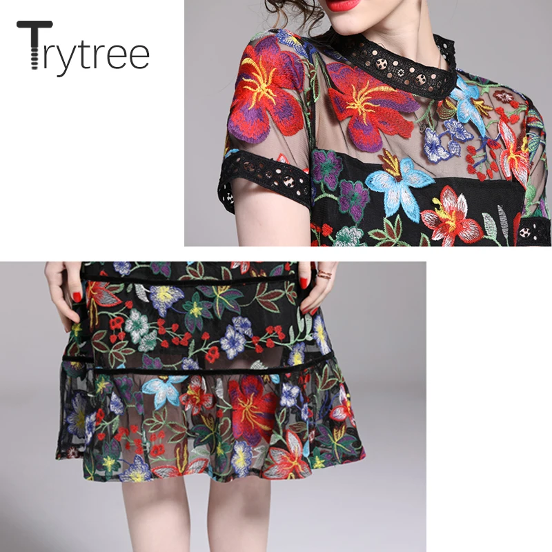 Женское платье с цветочной вышивкой Trytree повседневное ажурное из полиэстера до