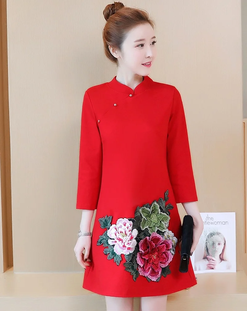 Женское платье осень Cheongsam Qipao женское восточное платье размера плюс Красное Ретро Новогоднее платье Элегантное китайское платье TA1599