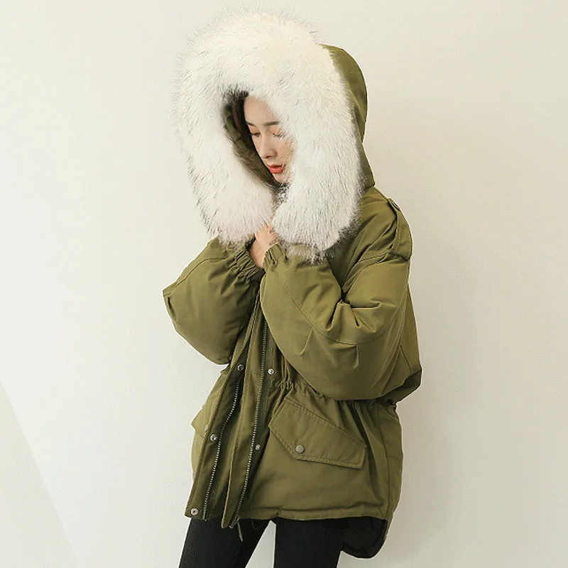 

Detachable real raccoon fur collar hooded down jacket women adjustable sashes oversize down coat outerwear 2019 autumn winter