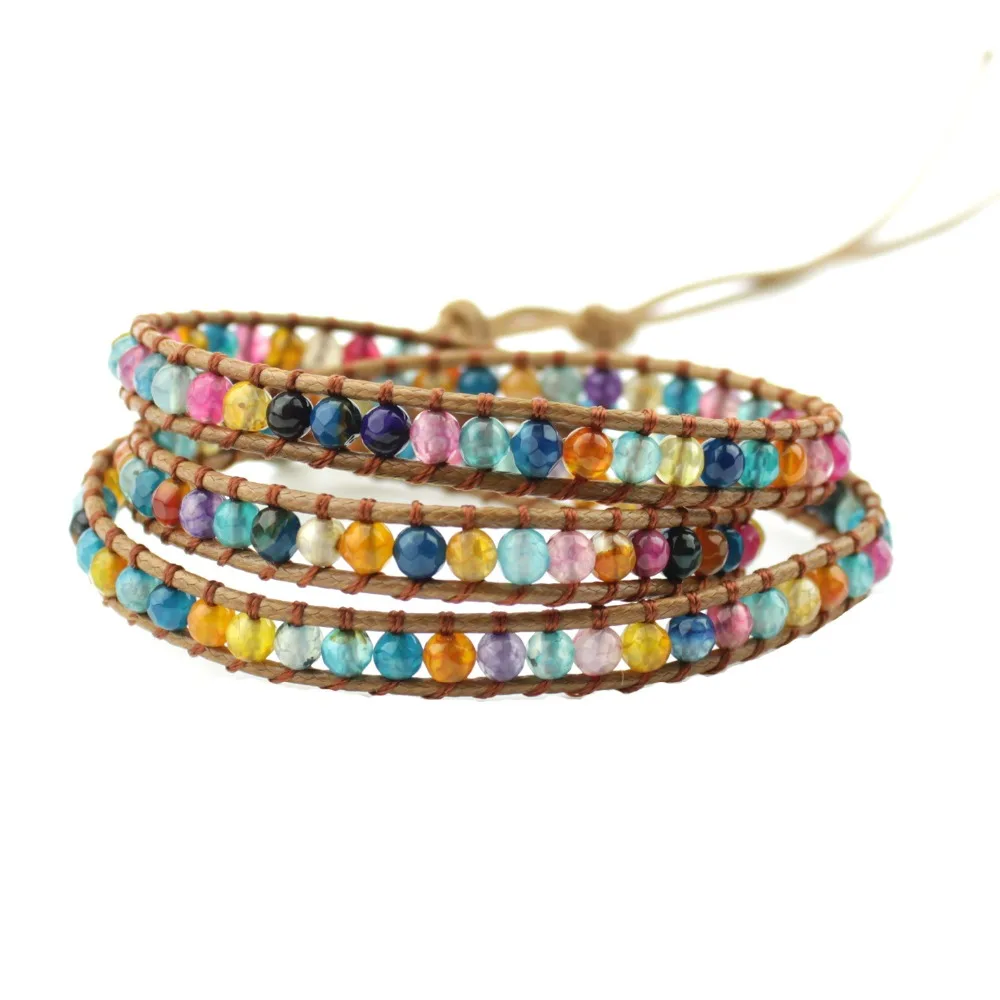 Женский браслет Boho из натурального камня 3X кожаный с обручкой цветной граненый