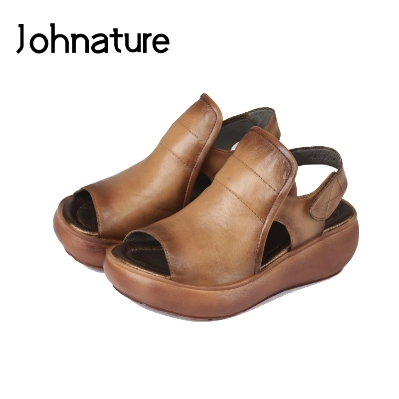 

Johnature 2021 New Summer Genuine Leather Gladiator Retro Hook & Loop Casual Wedges Shallow Sandals Women Shoes