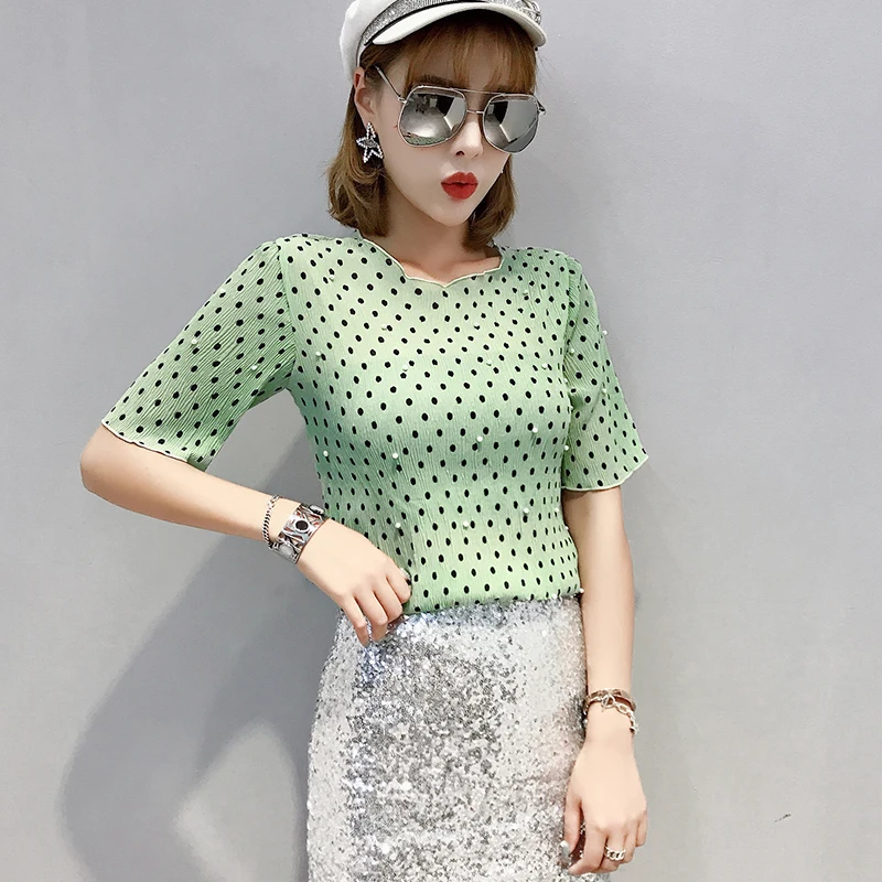 Блузка в горошек расшитая бисером Новинка лета 2019 тонкая шифоновая рубашка с