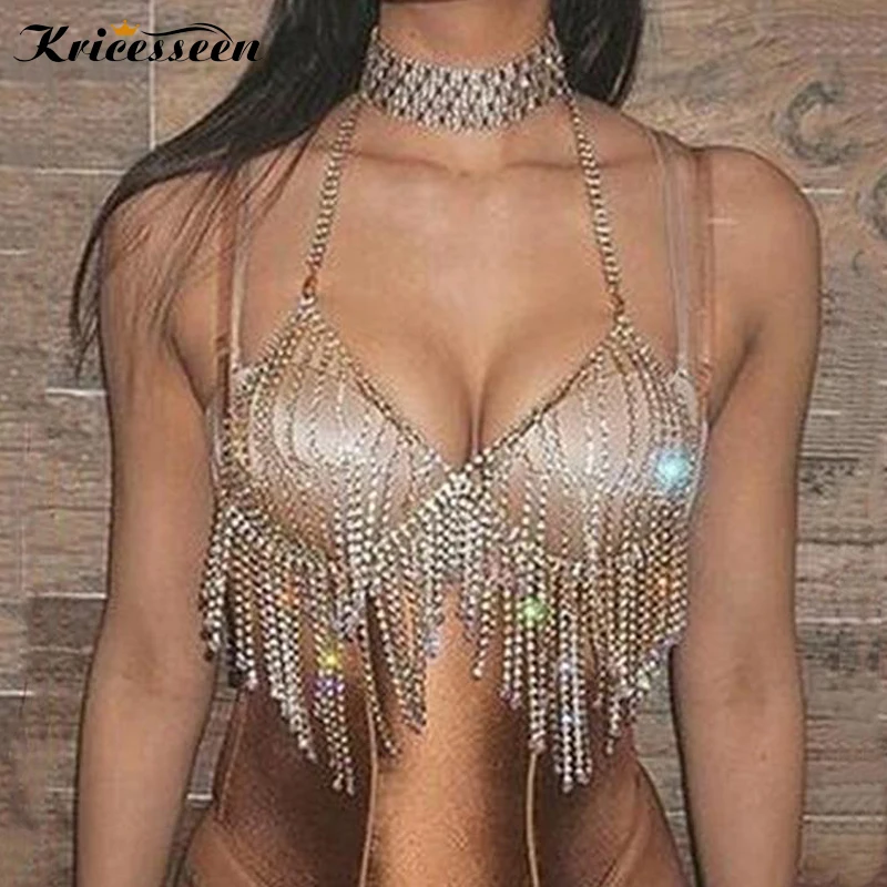Kricesseen, сексуальный женский бюстгальтер без косточек с кристаллами, блестящий топ, стразы на шее, металлический бюстгальтер с бриллиантами, клубный бюстгальтер для танцев