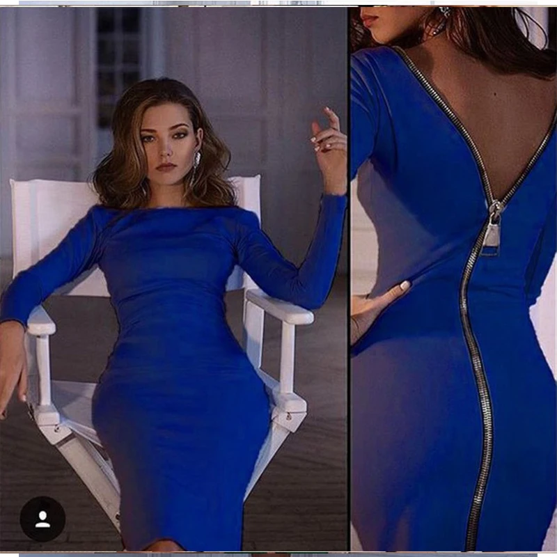 

2018 Autumn Winter Women Nightclub Sexy Backless Zippered Knitted Long Sleeve Knee Length Dress Bodycon Ladies Dress