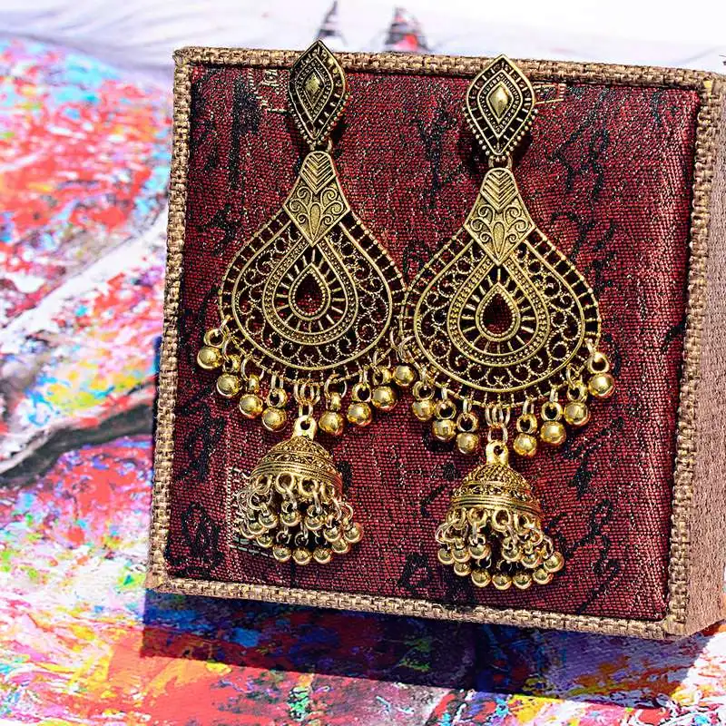 Этнические женские индийские серьги Jhumka, винтажная Капля воды, висячие серьги, классический полый фонарь с кисточками, дворец Orecchini Donna