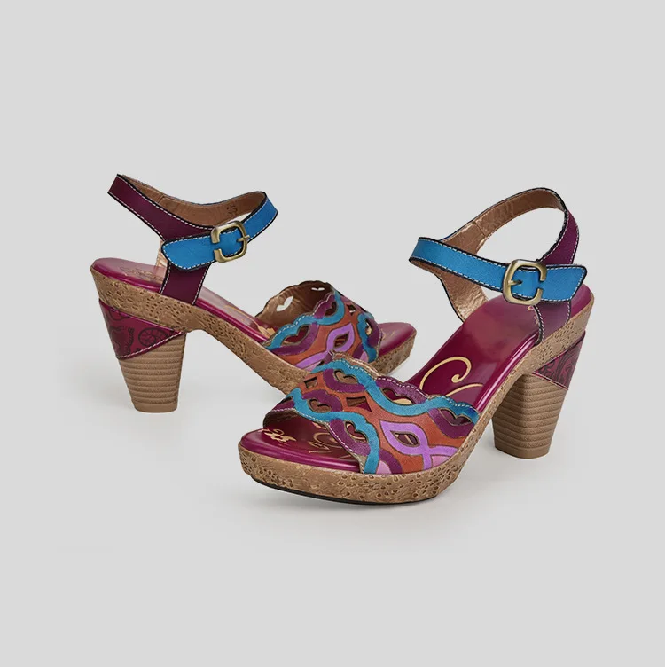 Plus Size Women Sandals 8 CM Super High Heels Chunky Summer Shoes Embroidery Ladies Retro Sandals Genuine Leather Retro Shoes