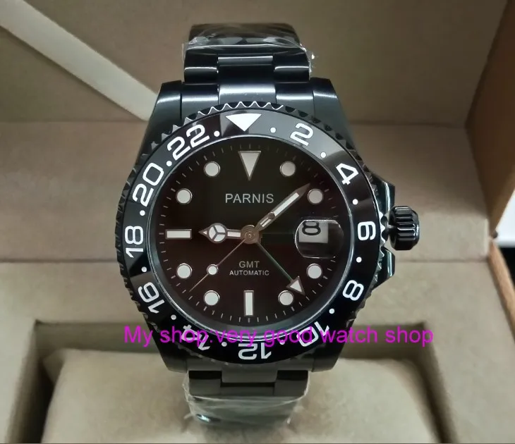 

Sapphire crystal 40mm parnis black dial Asian Automatic Self-Wind movement Ceramic bezel GMT luminous PVD case men's watch 390A