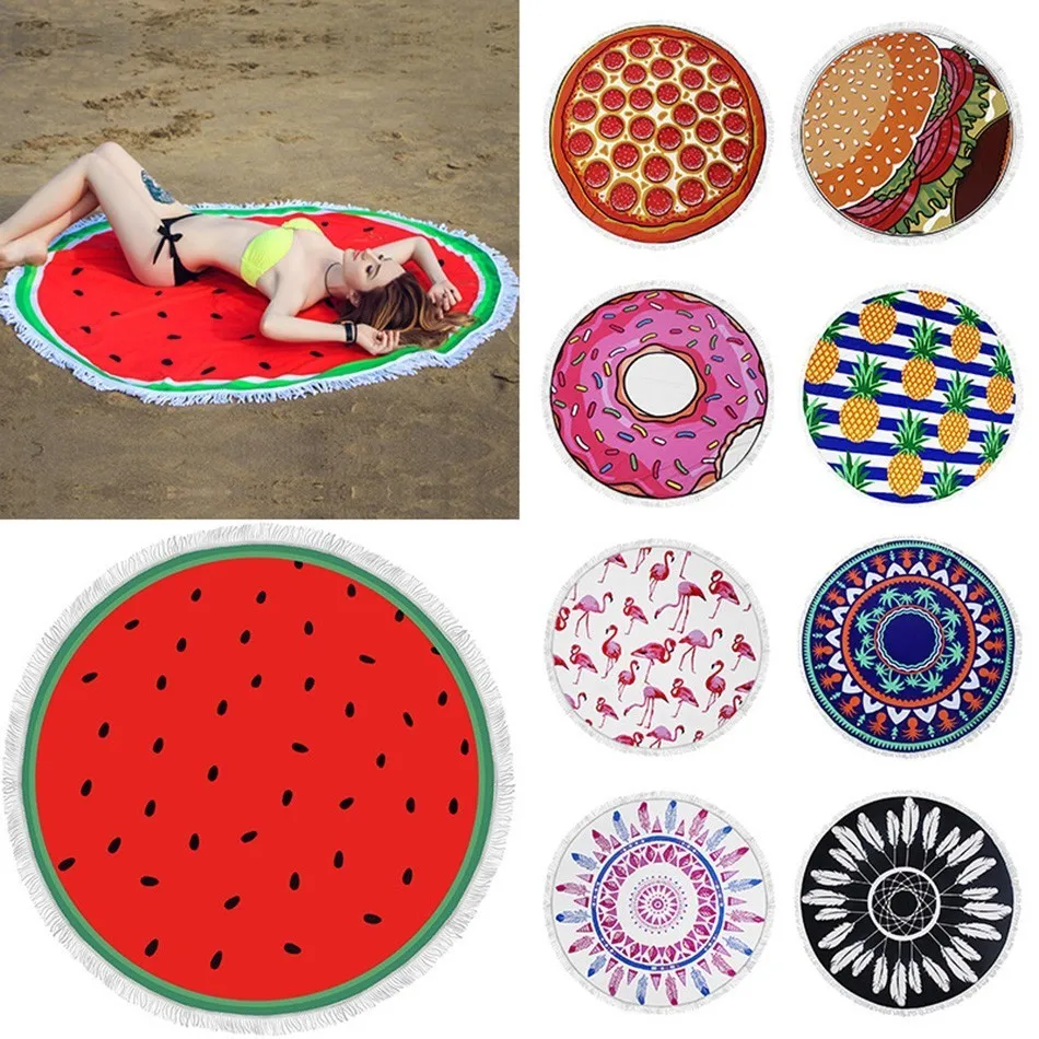 Summer Large Flamingo Beach Towel Animal Fruit Printed Thicken Bath Trip Round Cotton Towels |